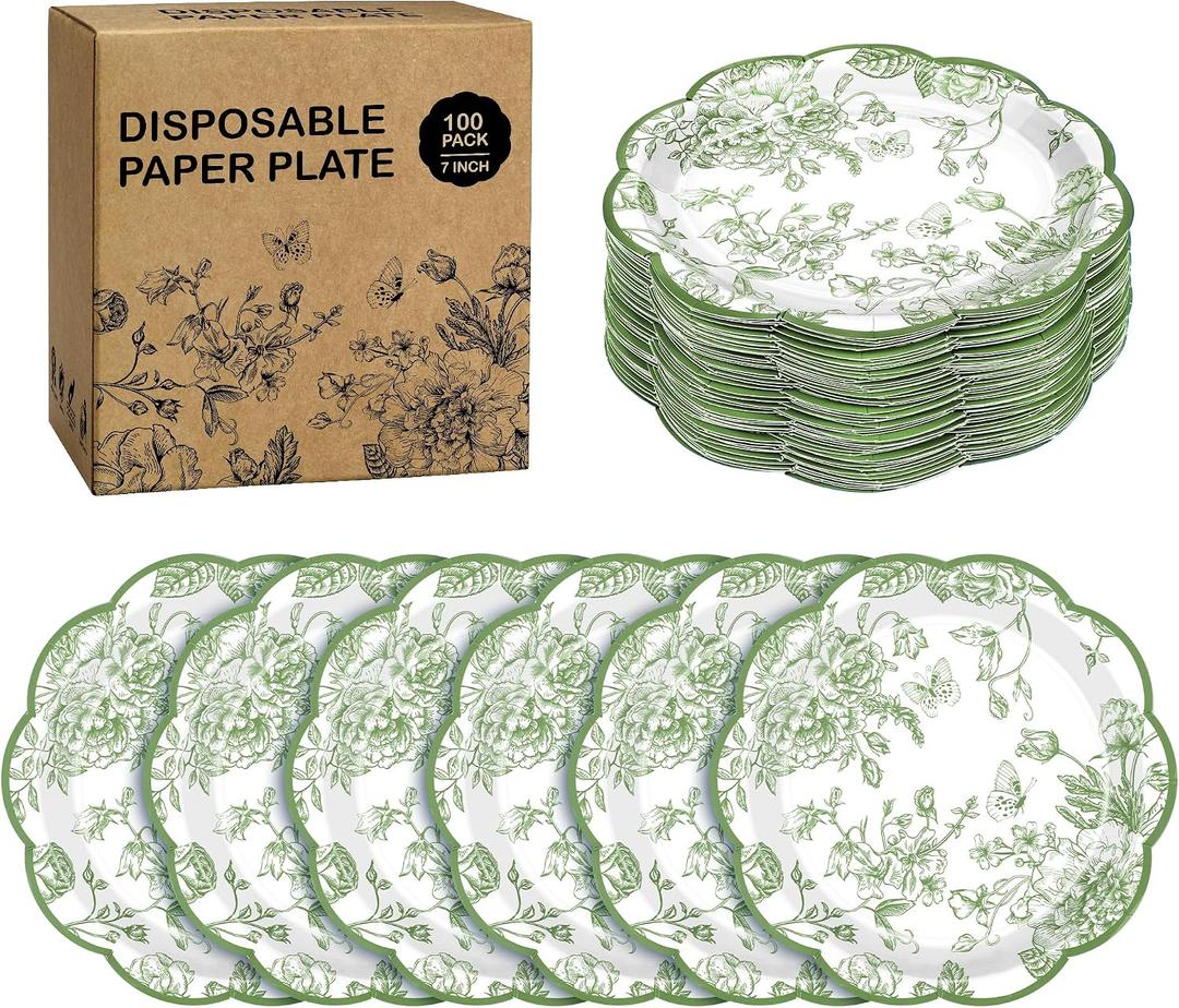 Kochorie 100 Pieces Sage Green Flower Paper Plates 7 Inches Disposable Floral Paper Plate Scalloped Sage Green Chinoiserie Vintage Flower Dessert Plates for Wedding Birthday Holiday Party Supplies