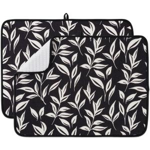 FRESHMINT Printed Dish Drying Mats for Kitchen Counter 2 Pack Absorbent Reversible Drying Mats Microfiber Kitchen Countertop Protector Dishes Drying Pad Extra Large 18"x24" Dish Mat