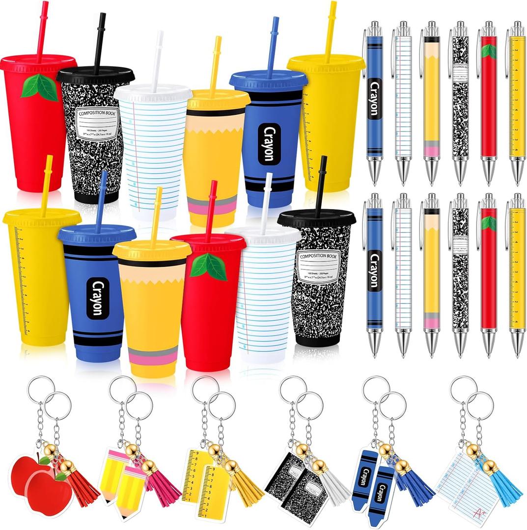 Qinyoung 36 Pcs End of Year Teacher Gifts, Back to School Gifts, 24 oz Composition Tumbler Cups Ballpoint Pen and Keychain Set for Back to School, End of Year Party Favors Supplies