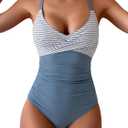 B2prity Women's One Piece Swimsuits Tummy Control Front Cross Bathing Suits Tie Back Slimming V Neck Swimwear (Blue, M)