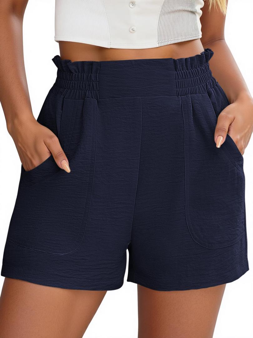 NILOINE 2025 Womens Elastic Waist Beach Shorts High Rise Athletic Shorts Pure Color Pull On Short Pants with Pockets(1-Navy,XX-Large) (Blue)