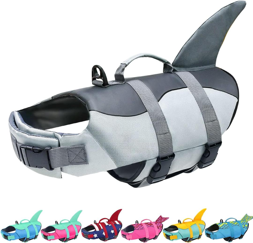 Malier Dog Life Jacket, Ripstop Dog Life Vest with High Buoyancy for Swimming Boating, High Visibility Shark Puupy Lifesaver for Dogs (Gray, Large)