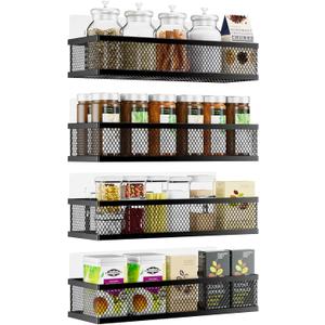 Spice Rack Wall Mount, 4 Pack Pantry Door Organizer & Hanging Storage Baskets Organizer Wall Mount, Large Capacity Metal Spice Shelf for Kitchen Cabinet, Pantry Doors, Bathroom, Shower, Home Decor (Black)