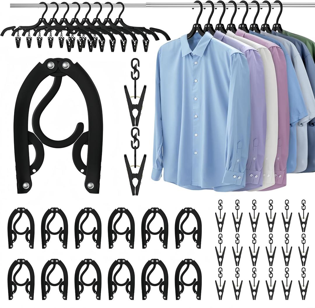 12Pcs Portable Travel Hangers for Cruise Ship Essentials 2026 with 24 Clips, Plastic Folding Foldable Hangers Clothes Drying Rack Travel Accessories for Suitcase, RV, Camping, Road Trip (Black)