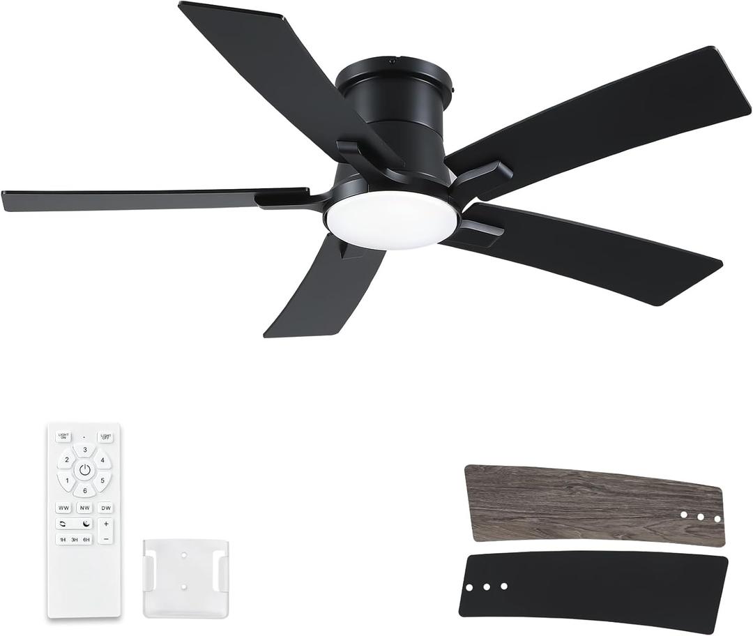 46 Inch Ceiling Fans with Lights and Remote, Black Low Profile Ceiling Fan, Flush Mount Style with 5 Blades, For Indoor Bedroom Living Room/Outdoor, 6 Speed Reversible DC Motor, 3CCT Dimmable LED