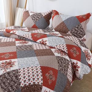 HoneiLife Quilt Set King Size - 3 Piece Microfiber Bedspread Reversible Coverlet Patchwork Bedding Set Lightweight Bedcover Floral Bedspreads All Season Quilts-Amaranth Red (King-106" x 96")