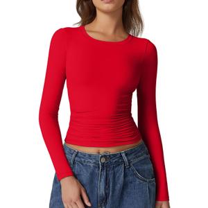 QINSEN Womens Crewneck Long Sleeve Shirt Double Lined Basic Tees Side Ruched Going Out Crop Tops (Large, Red)