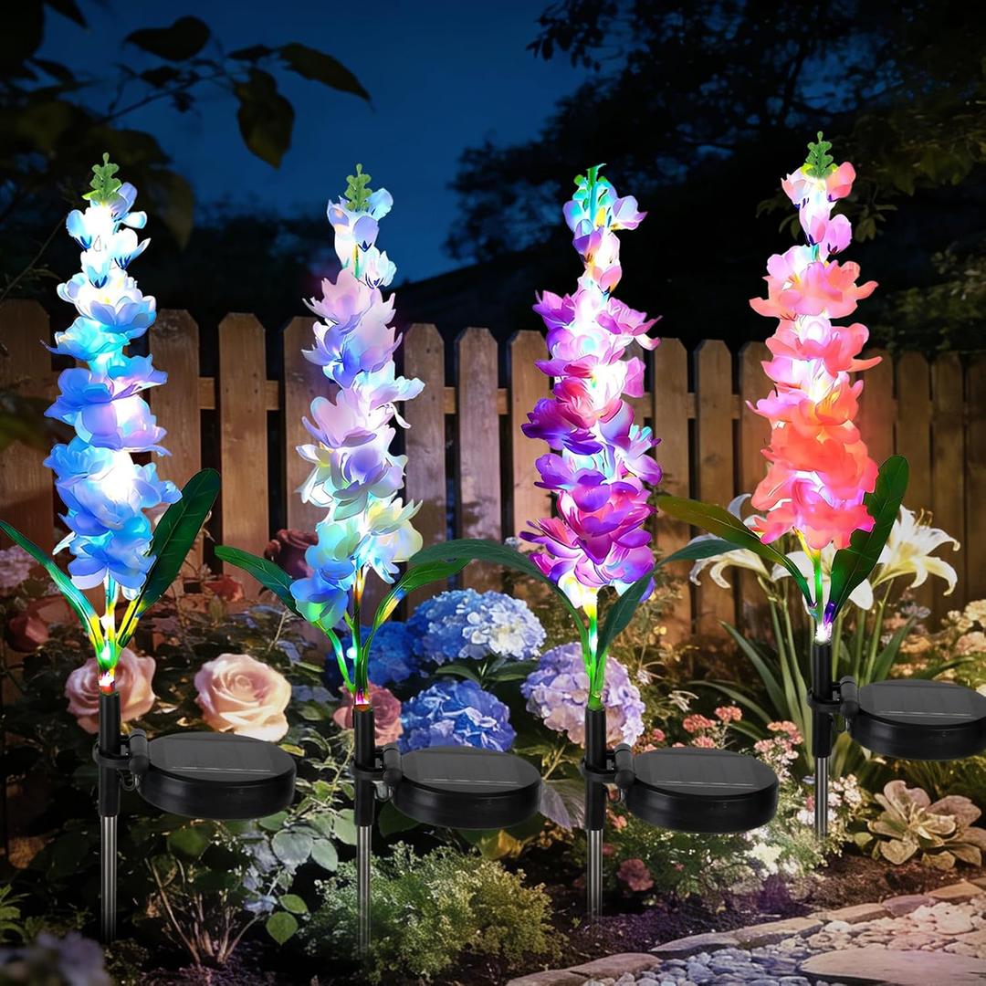 4 Pack Color Changing Solar Lights Outdoor Waterproof, Solar Delphinium Flower Stake Lights Auto ON/Off Solar Garden Lights for Spring Lawn Pathway Landscape Birthday Gifts for Mom Women Grandma, 27.6 Inches