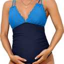 Charmo Scallop Trim Maternity Swimsuit One Piece V Neck Pregnancy Bathing Suit Ruched Swimwear Cutout Tie Back, Size M
