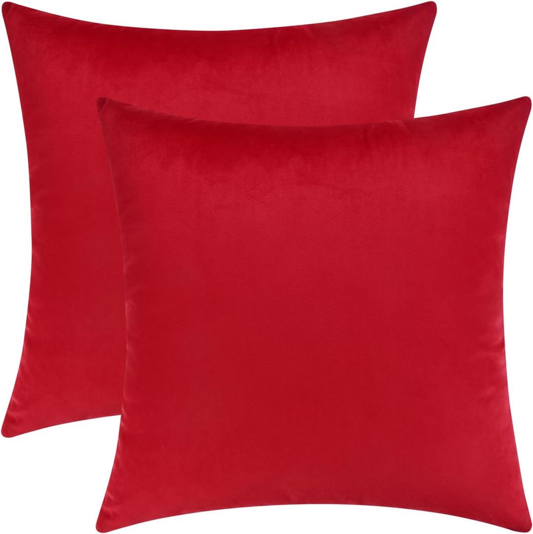Mixhug Set of 2 Cozy Velvet Square Decorative Throw Pillow Covers for Couch and Bed, Red, 18 x 18 Inches