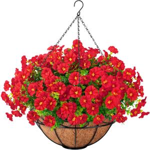 Ouddy Decor Artificial Hanging Plants Flowers Basket for Spring Summer Outdoor Decor, Fake Hanging Flowers Faux Silk Morning Glory UV Resistant for Patio Yard Porch Garden Home Decorations, Red