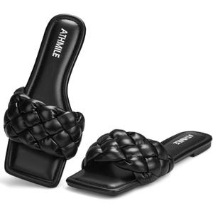 ATHMILE Braided Womens Sandals Square Open Toe Fashion Slide Sandals Women Dressy Summer Flat Beach 2025 Size 6-11 (9, Black)