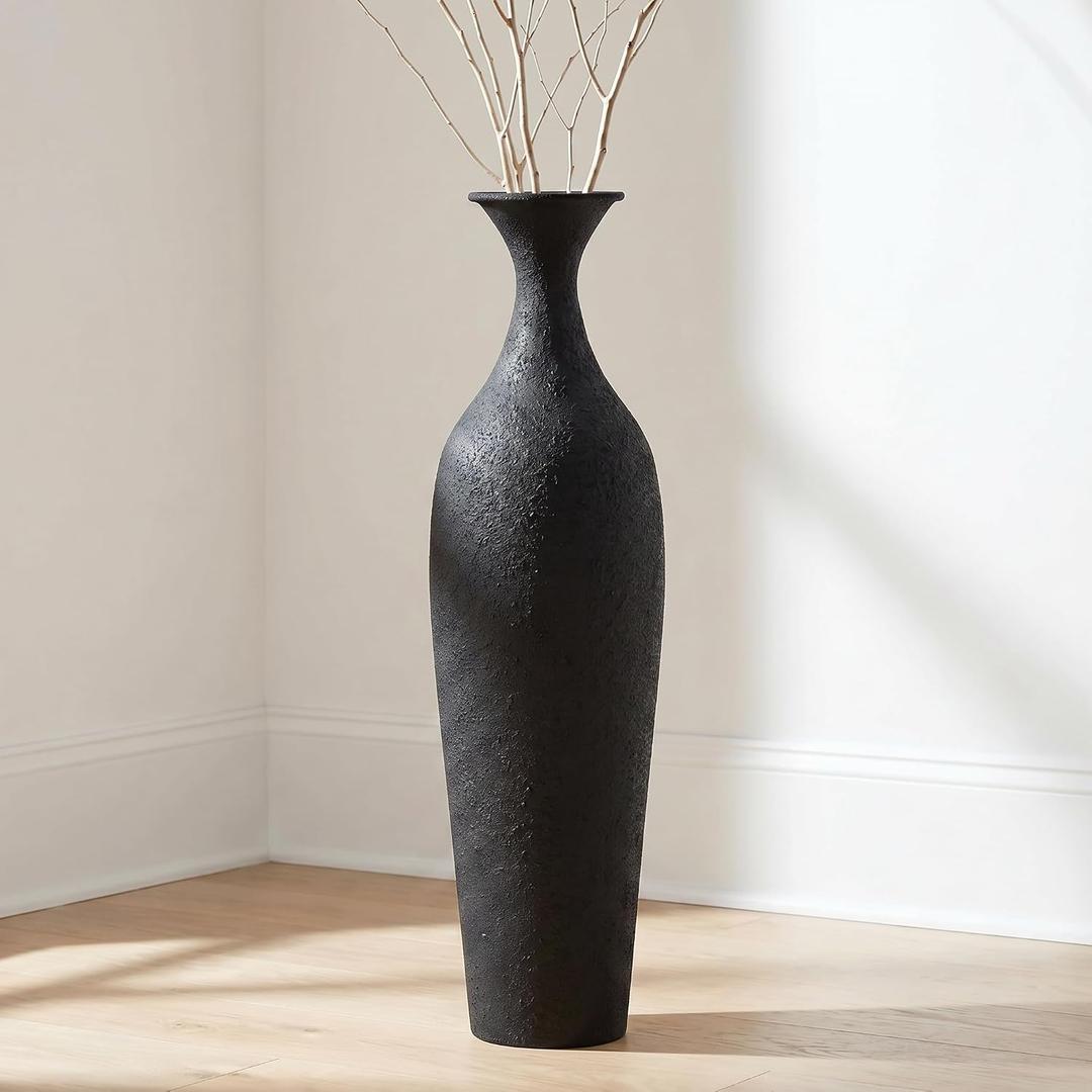 Tall Floor Vase, Large Black Metal Vase for Pampas Grass, Decorative Rustic Vases for Farmhouse Decor, Large Floor Vases for Modern Living Room Corner, Fireplace, Hallway, 23 inches