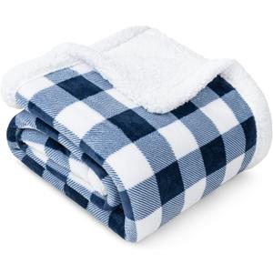 PAVILIA White and Navy Blue Buffalo Plaid Sherpa Throw Blanket for Couch Twin, Soft Fuzzy Flannel Blanket for Bed, Plush Checkered Fleece Blanket and Throws, Warm Thick Winter Blanket Gift, 60x80