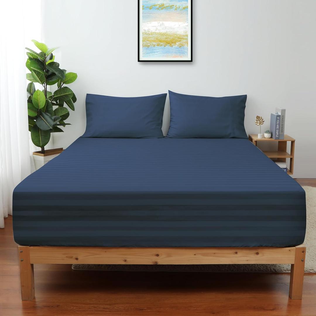 King Size Striped Fitted Sheet Only Navy Blue Color, 100% Egyptian Cotton 600 Thread Count, 16" Deep Pocket Premium Cotton Mattress Sheet (1 Bottom Sheet Only)