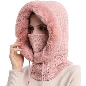 Women One Piece Slouchy Fleece Beanie Hats Scarf Mask Drawstring Warm Hooded Winter Balaclava Pullover Knitted Hat (Pink)