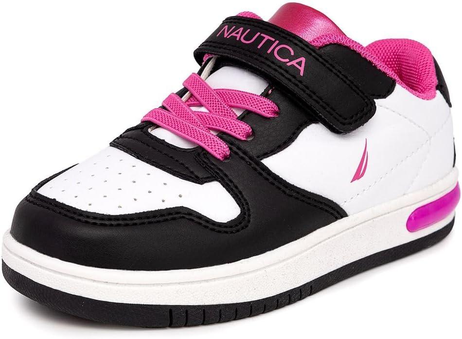 Nautica Kids Girls Sneakers with Adjustable Strap and Bungee Straps | Comfortable Casual Shoes (Toddler/Little Kid) (White Black Pink)