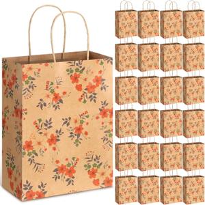TaoBary 24 Pieces Floral Gift Bags with Handle Kraft Flower Treat Goodie Bags for Summer Spring Party Favor Supplies Decoration