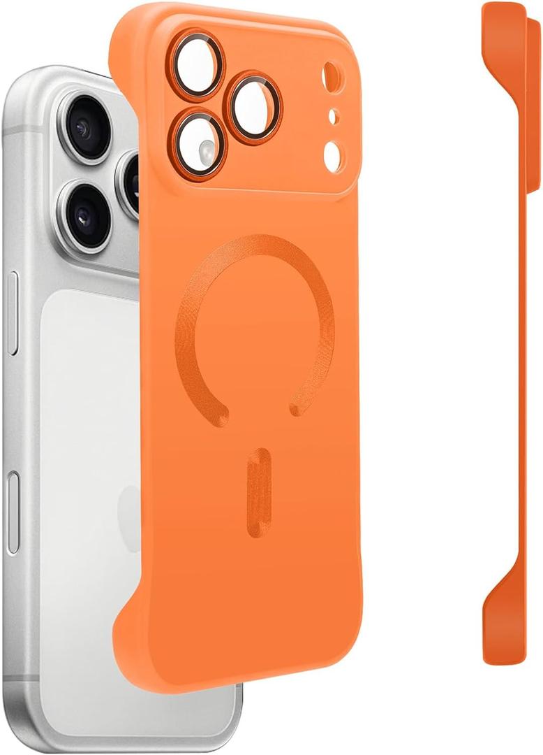 Omio Magnetic Slim Case for iPhone 17 Pro Max Compatible with MagSafe, Matte PC Ultra-Thin Bumper Frameless Borderless Minimalist Design with Camera Lens Protector for Men Women, Orange