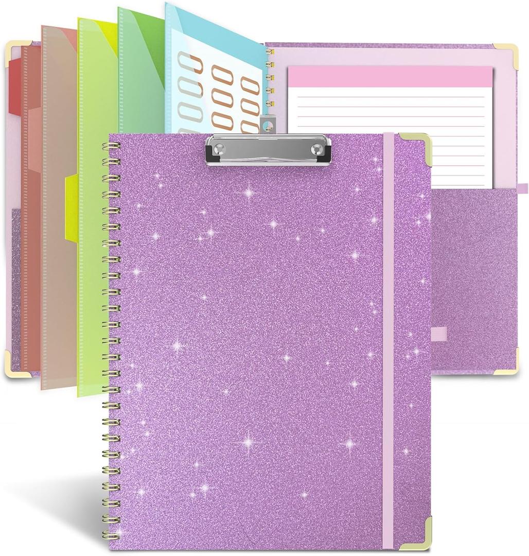 Clipboard Folio with Storage Clipboards Padfolio Notebook for Letter Size (11" x 8.5"), Clipboards with 10 Pockets and 5 Folders Nursing Teacher School Essentials (Purple)