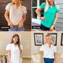 ZESICA Women's Summer Short Puff Sleeve Shirts 2025 V Neck Casual Hollow Out Lace Embroidered Blouse Tops (Green, S)