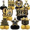 9 Pcs 90th Birthday Decoration for Men Women 90th birthday Centerpieces for Tables Decorations Cheers to 90 Years 1936 Birthday Honeycomb Table Topper Black and Gold 90th Birthday Party Favors