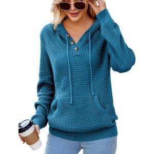 VIMPUNEC 2024 Fall Womens Oversized Hoodies Knit V Neck Sweaters Fashion Casual Pullover Tops (Medium, B Peacock Blue)