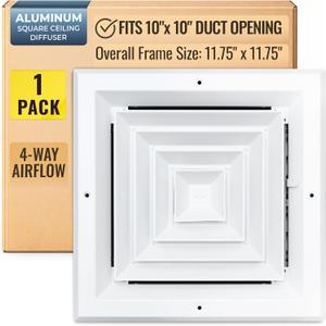 Fits 10x10 Duct Opening 4 Way Aluminum Square Ceiling Diffuser by Handua | Register Vent Cover Grille for Ceiling | Rust Proof | White | Outer Dimensions: 11.75" X 11.75"
