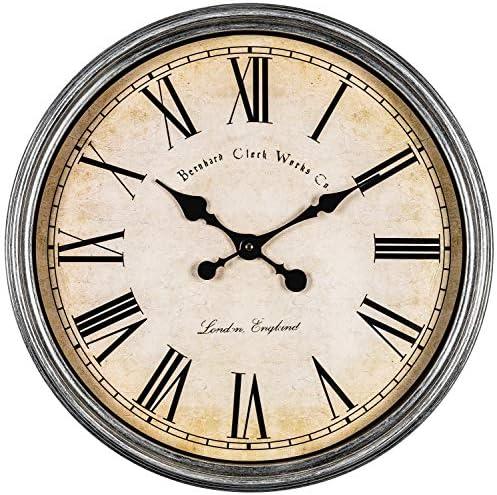 Bernhard Products Large Decorative Wall Clock 20 Inch Silent Non Ticking Battery Operated Quartz Vintage Stylish with Rustic Silver Rim for Home Living Room Dining Room Kitchen & Over Fireplace