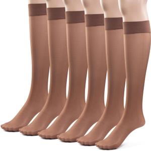 Silky Toes Sheer Knee High Stockings for Women, Pair of 6 Nylon Trouser Socks (Queen Plus, Coffee)