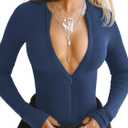 iGENJUN Women Ribbed Long Sleeve Bodysuit Invisible Zip Up Crew Neck Body Suit (Medium, Navy Blue)