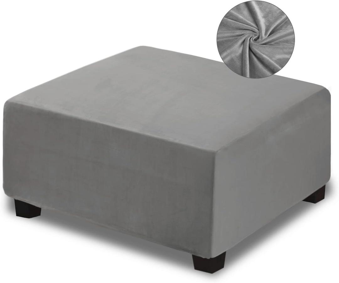 NeColorLife Square Ottoman Cover Velvet Ottoman Slipcover Thick Stretchable Footrest Stool Covers with Elastic Band for Oversized Ottoman (XX-Large Size,Grey)