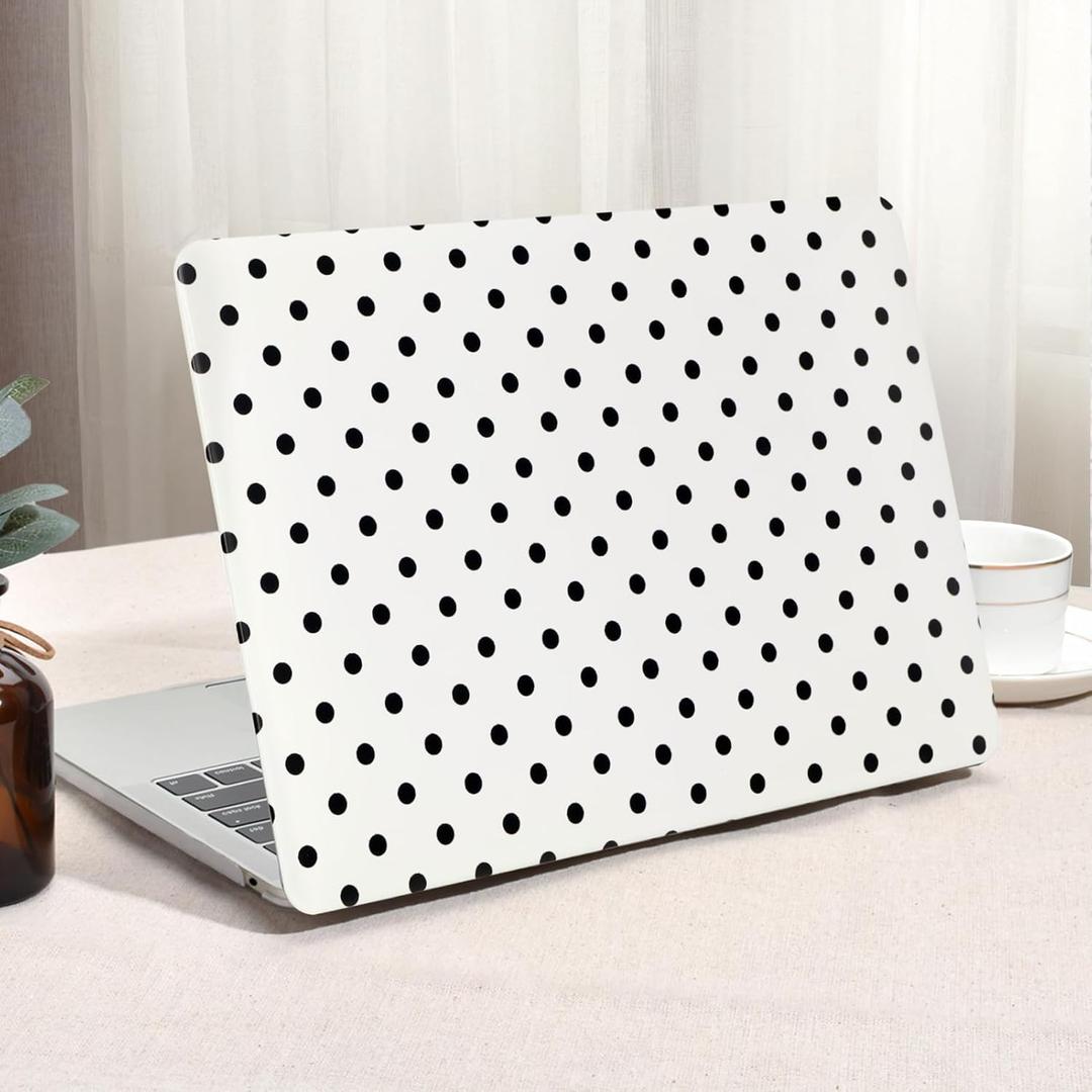 Seorsok Compatible with MacBook Air 13 Inch Case 2022 2021 2020 2019 2018 Release A1932 A2179 M1 A2337 Touch ID,Elegant Leather Plastic Hard Shell Case & Keyboard Cover,Black Polka Dots Design,White