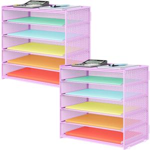 2 Pack 6 Tier Paper Organizer, Metal Mesh Desk File Folder, Letter Tray Organizer, Paper Sorter Desk Organizers for Office, Home or School File Folder Holder - Purple