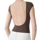 SUUKSESS Women Backless Y2k Short Sleeve Bodysuit Double Lined Boat Neck Open Back Sexy Basic Top (Mocha, M)