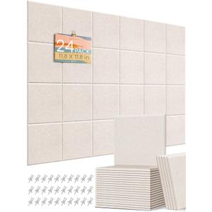 Lightomorrow 0.47" Thick Felt Pin Board Tiles, 24 Pack 11.8 x 11.8 in Bulletin Board Wall Decor, Cork Board Alternative with Adhesive & 60 Push Pins for Home Office Classroom, Oatmeal