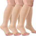CTHH 3 Pack Open Toe Compression Socks for Women & Men, 20-30mmHg Toeless Knee High Stockings for Circulation Support, Nude Small-Medium
