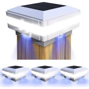 Sumaote 4x4 Solar Post Cap Light, 52 LEDs 160 Lumen Deck Post Lights IP65 Waterproof fit Actual 3.5" x 3.5" Wooden Posts, 6000K White LED Lighting, Outdoor Garden Yard Fence Decor, White Shell, 4 Pack