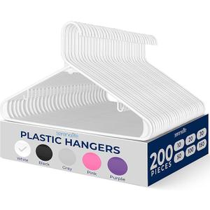 SereneLife White Plastic Hangers 200 Pcs, Durable Hanger Set with Slip Design, Tubular Hangers with 2 Integrated Strap Hooks, Mega Pack for Clothes