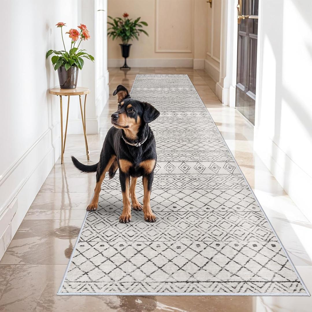 Washable Runner Rugs 3x16 - Long Hallway Runner Rug Low Pile Rug with Rubber Backing Floor Mat Non Slip Moroccan Indoor Carpet for Kitchen Bedroom Entryway 3x16 Geo Grey