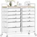 Rolling Storage Cart with 12 Drawers, Wooden Tabletop Utility Cart for Craft Storage, Art Supply Storage & Home Office Organization, Teacher Cart with Wheels for Classroom, School (White)
