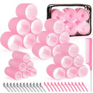 4 Sizes Self-Grip Hair Rollers Set for Long, Short Hair and Bangs - 50 Pcs with Clips (25mm, 36mm, 48mm, 60mm), Pink