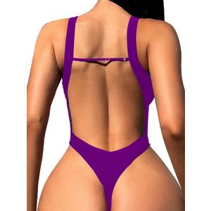 Foxiny Sexy Backless Cheeky High Cut Leg Thong V Neck One Piece Swimsuit (Purple, M)