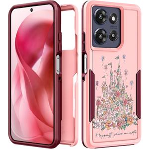 for Moto G Power 2025 Case - for Motorola Moto G Play 2025 Case Women Cute Girls Girly Aesthetic Unique Design Flowers Castle Heavy Duty Protective Shockproof Military Grade Phone Cover