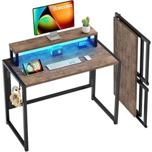 Small Folding Desk 31.5 Inch, Foldable Computer Desks with LED Lights and Monitor Stand, Work Portable Table for Bedroom Home Office, Brown