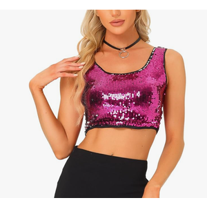 Allegra K Women's Metallic Sequin Crop Top Sparkle Glitter Sleeveless Party Club Tank Top. Size Large
