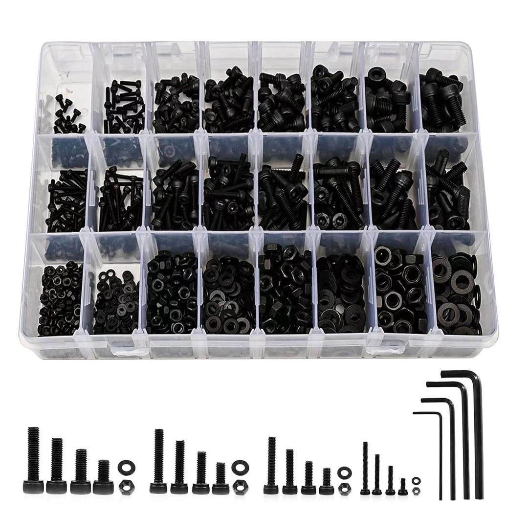1230PCS Metric Screw Assortment Kit M2 M3 M4 M5, 12.9 Grade Alloy Steel, Hex Socket Head Cap Bolts Nuts Washers Set, Black Zinc Plated Anti-Rust Screws for 3D Printer DIY