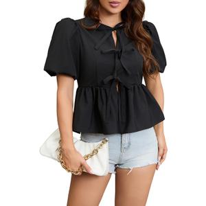 Womens Babydoll Peplum Tops Summer Puff Short Sleeve Bow Tie Blouse Y2k Cute Trendy 2025 Shirts (Black, S)