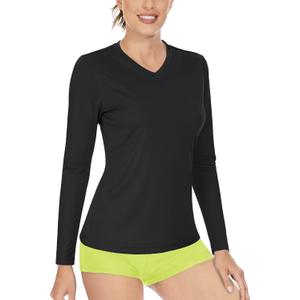 Boladeci Women's Swim Shirts Long Sleeve V Neck T Shirts UPF 50+ Sun Protection Quick Dry Rash Guard (Black, XXL)
