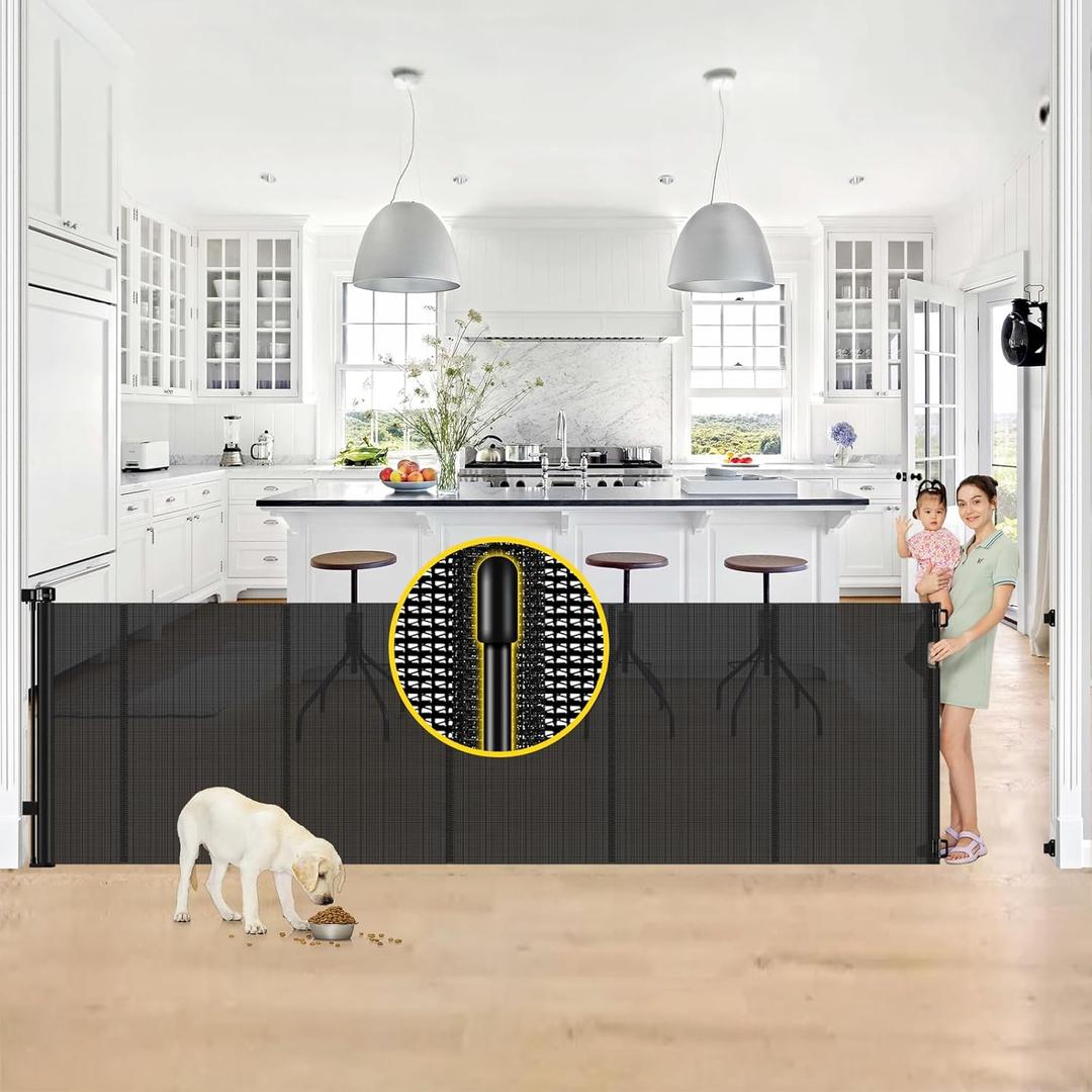 Reinforced 42 Tall x 130 Extra Wide Retractable Baby Gates Extra Tall Pet Gate for Wide Openings Long Dog gate with Rods to Prevent Crawling Through, Dog Gates for Doorways Indoor Outdoor, Black